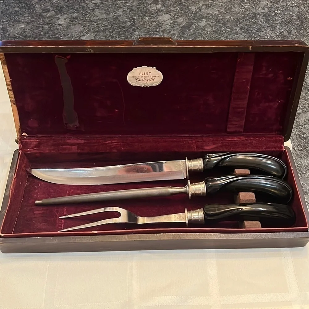 Vintage Flint Bakelite 3 Piece Carving Set in Original Wood Box